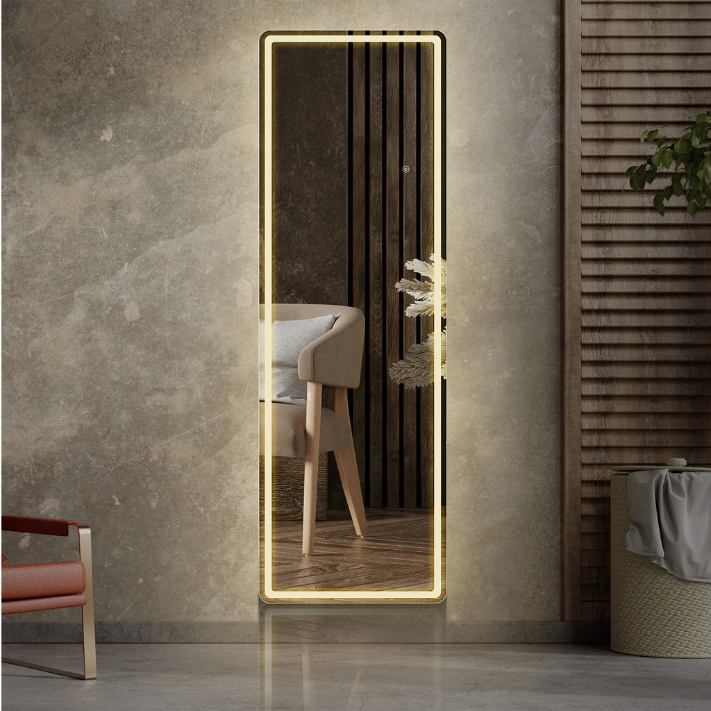 JHK Full Length Led Lights 64"x21" Mirror Standing Hanging or Wall-Mounted Mirrors with Stand Aluminum Alloy Frame For Home