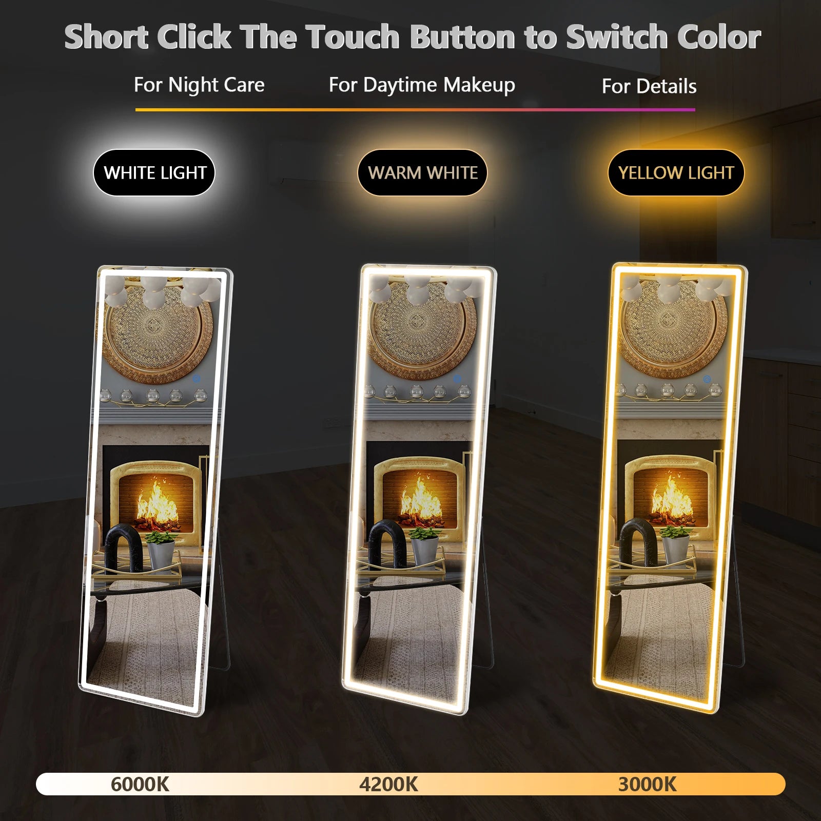 JHK Full Length Led Lights 64"x21" Mirror Standing Hanging or Wall-Mounted Mirrors with Stand Aluminum Alloy Frame For Home