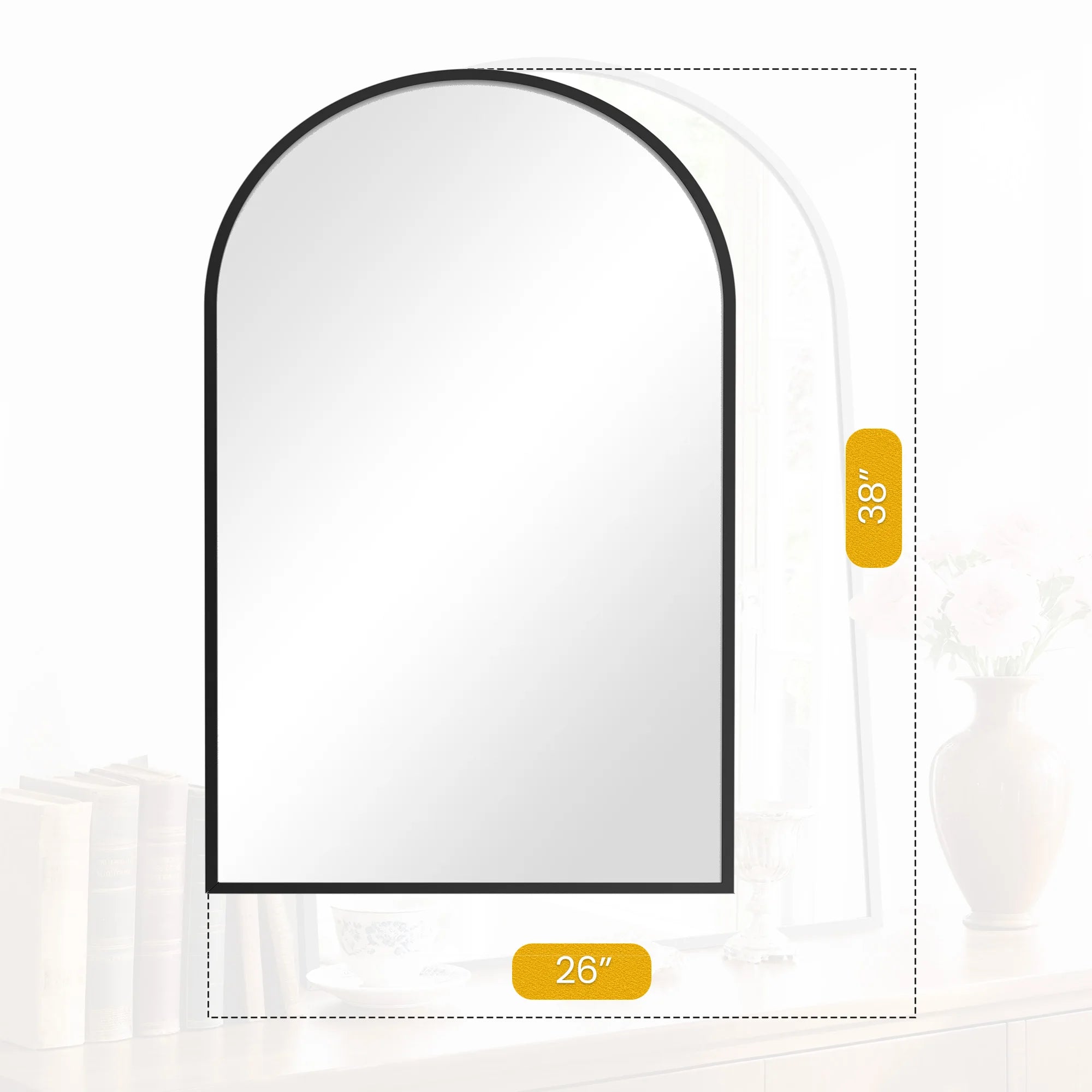 JHK 26"x38" Arched Metal Framed Mirror for Wall Matte Metal Framed Modern Dressing Mirror Tempered Glass Bedroom Living Room