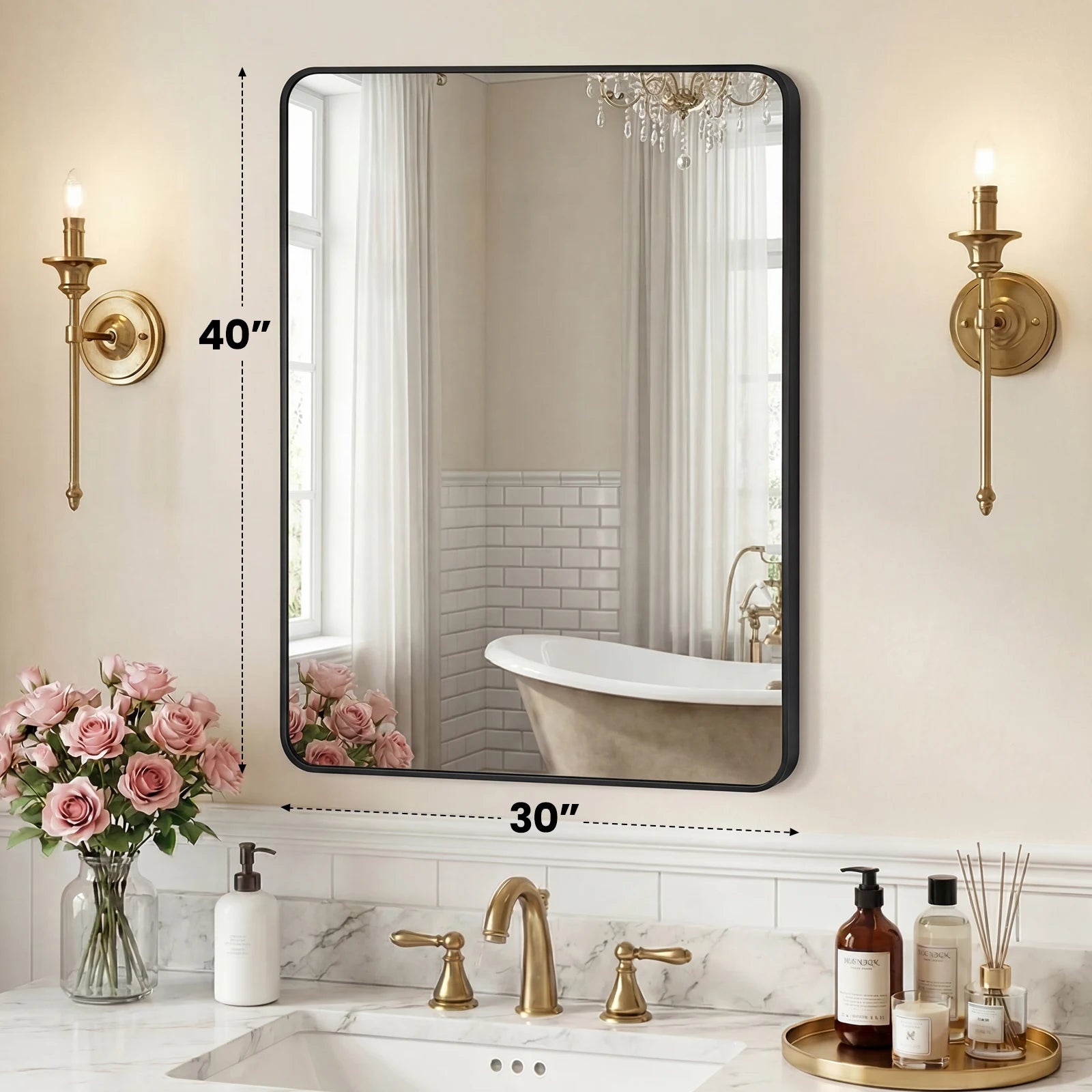 JHK Rounded Rectangle Wall Mirror with Metal Frame for Wall  Bathroom Mirror for Over Sink Modern Dressing Mirror Tempered Glass Bedroom Living Room Horizontal or Vertical