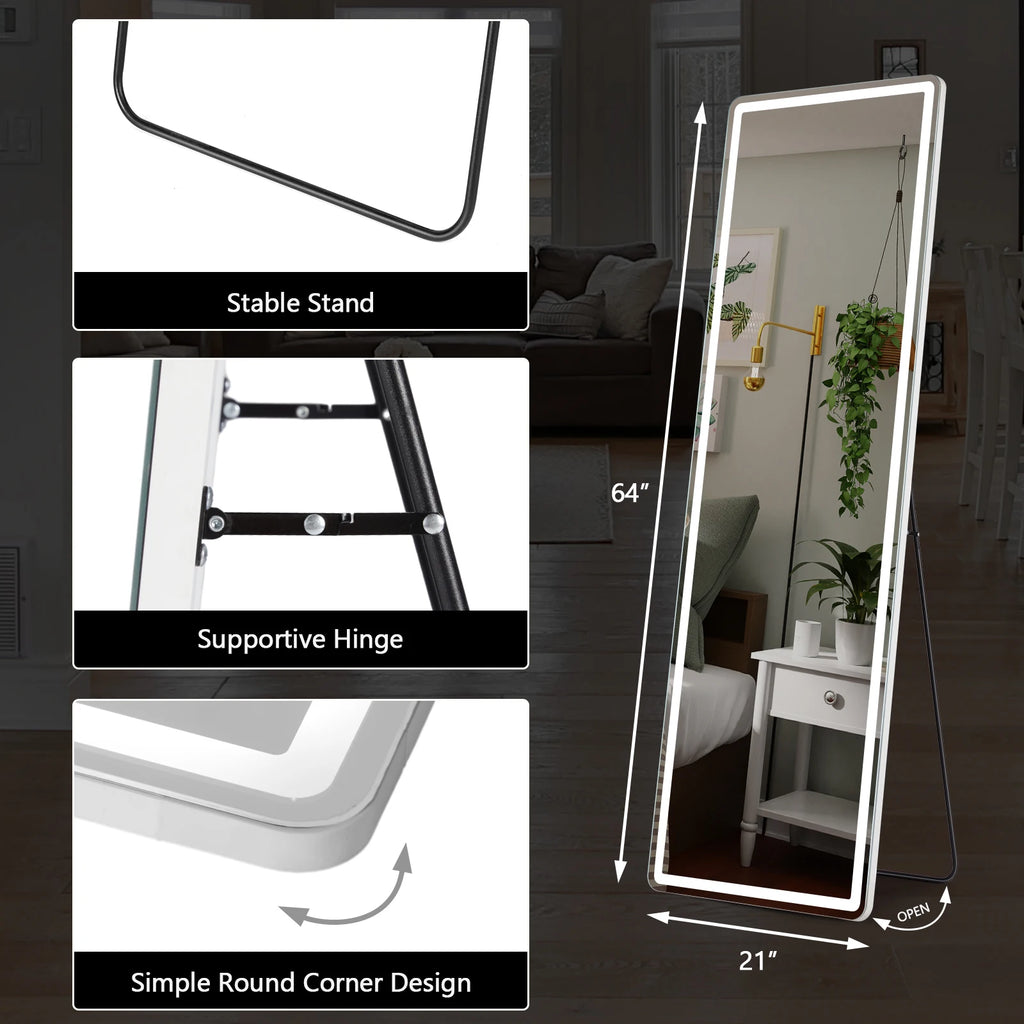 JHK Full Length Led Lights 64"x21" Mirror Standing Hanging or Wall-Mounted Mirrors with Stand Aluminum Alloy Frame For Home
