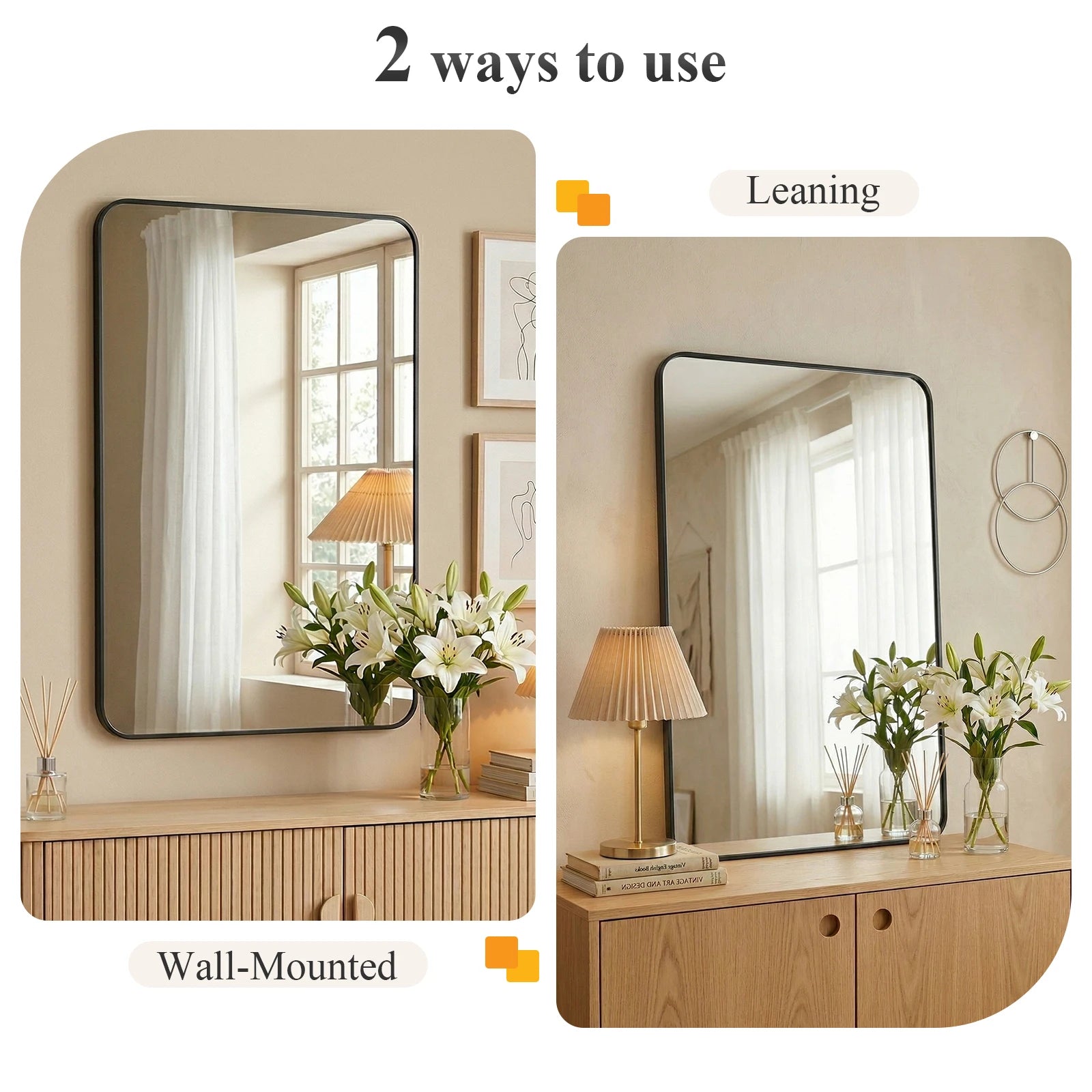 JHK Rounded Rectangle Wall Mirror with Metal Frame for Wall  Bathroom Mirror for Over Sink Modern Dressing Mirror Tempered Glass Bedroom Living Room Horizontal or Vertical