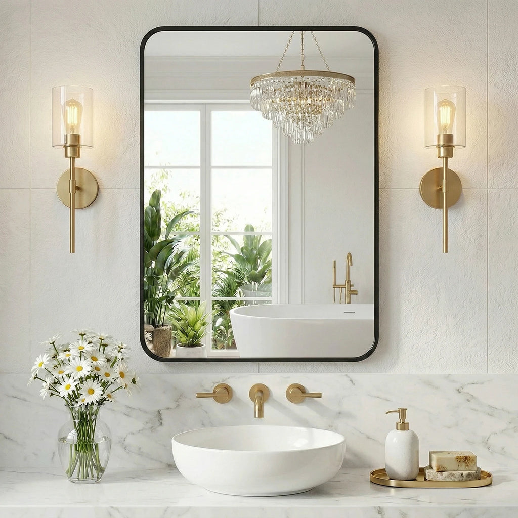 JHK Rounded Rectangle Wall Mirror with Metal Frame for Wall  Bathroom Mirror for Over Sink Modern Dressing Mirror Tempered Glass Bedroom Living Room Horizontal or Vertical