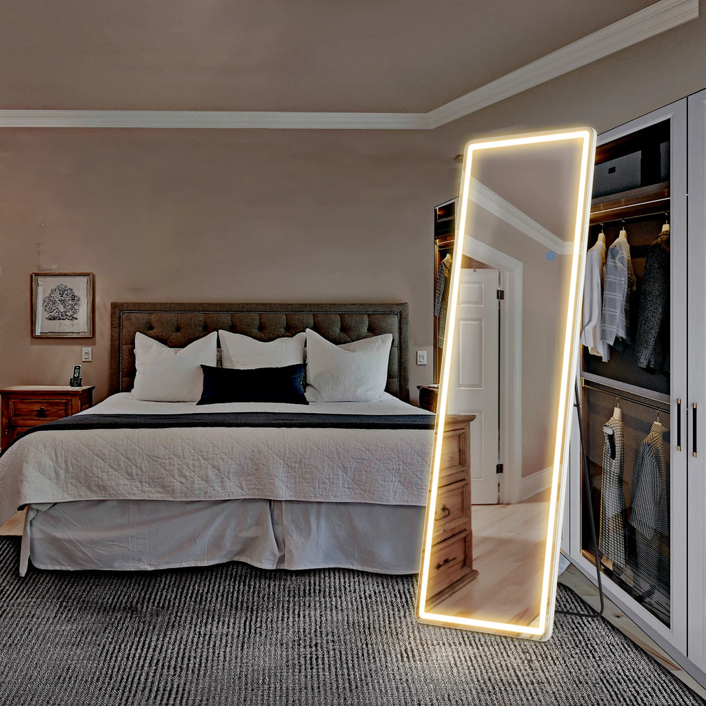 JHK Full Length Led Lights 64"x21" Mirror Standing Hanging or Wall-Mounted Mirrors with Stand Aluminum Alloy Frame For Home