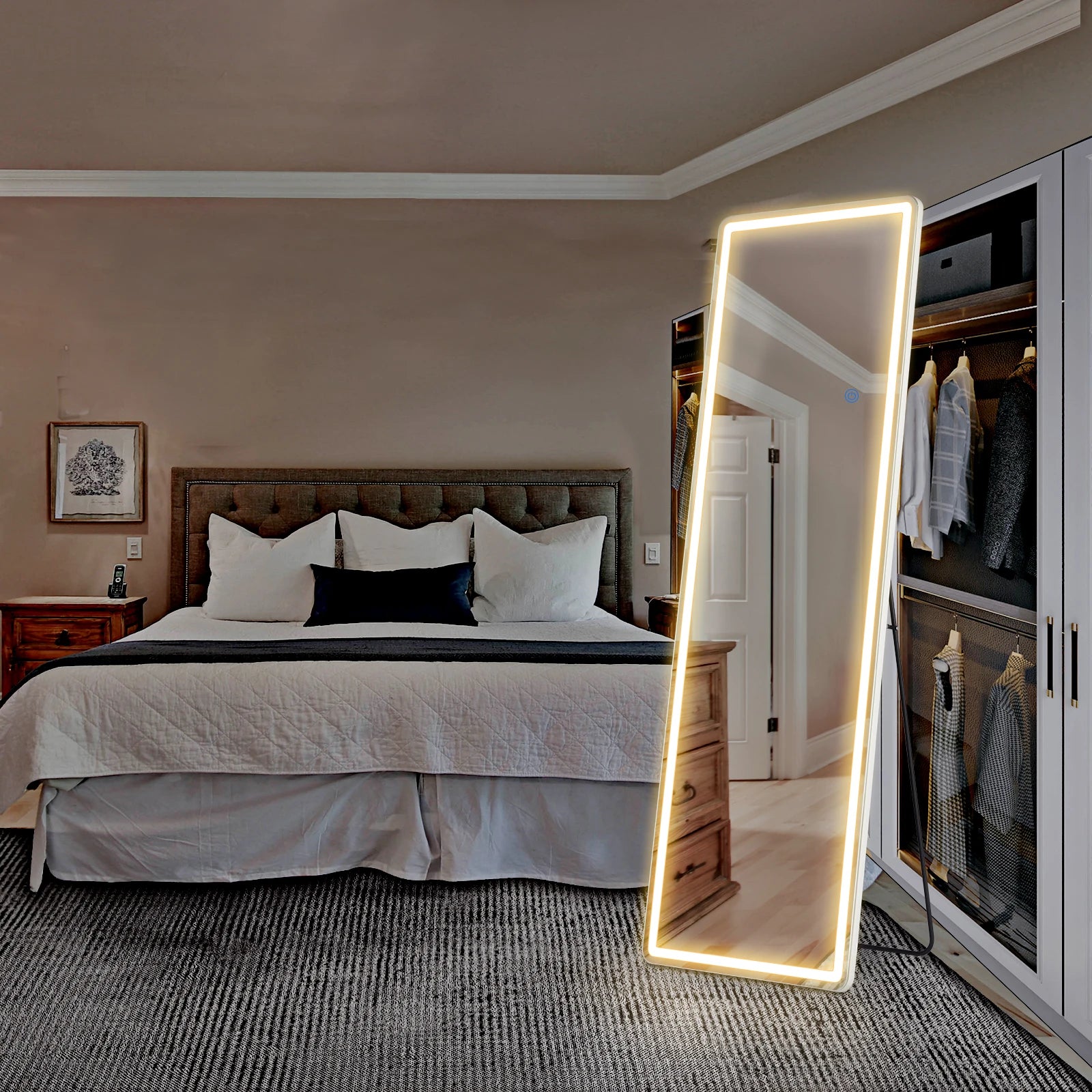 JHK Full Length Led Lights 64"x21" Mirror Standing Hanging or Wall-Mounted Mirrors with Stand Aluminum Alloy Frame For Home
