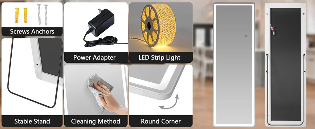 JHK Full Length Led Lights 64"x21" Mirror Standing Hanging or Wall-Mounted Mirrors with Stand Aluminum Alloy Frame For Home