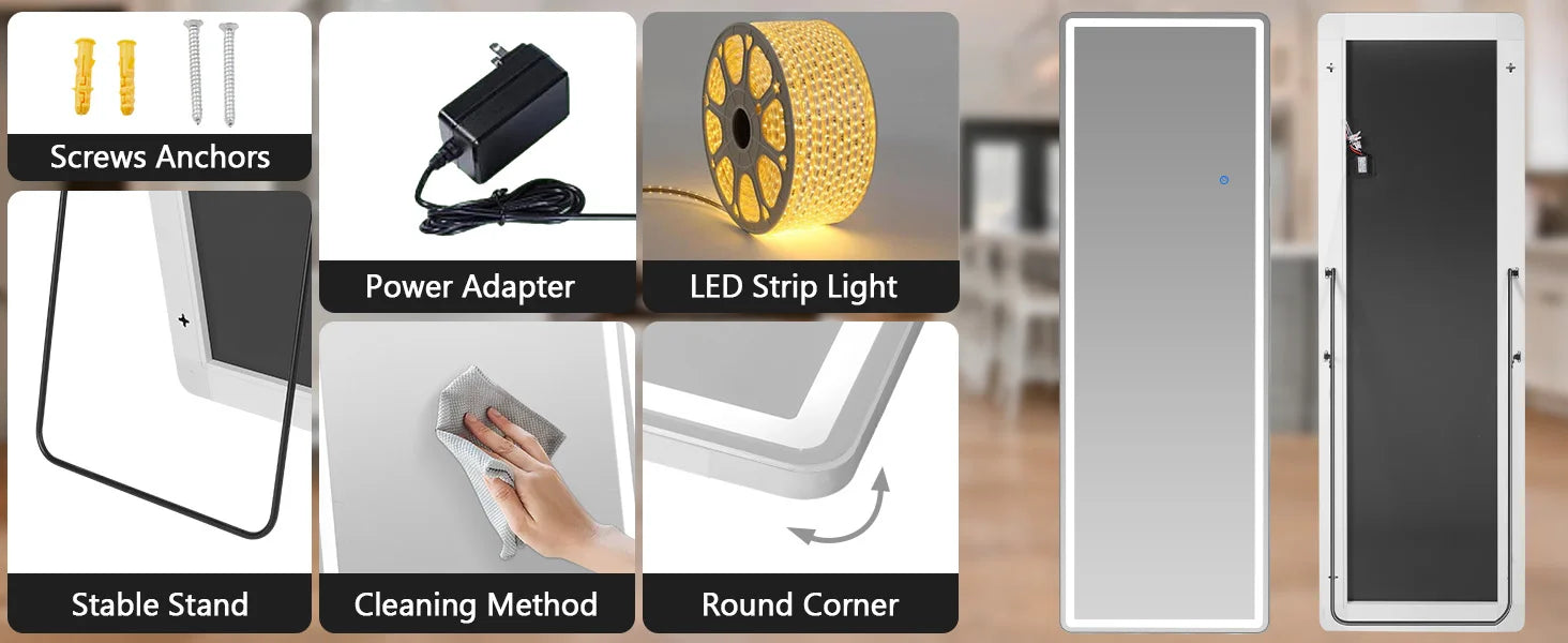 JHK Full Length Led Lights 64"x21" Mirror Standing Hanging or Wall-Mounted Mirrors with Stand Aluminum Alloy Frame For Home