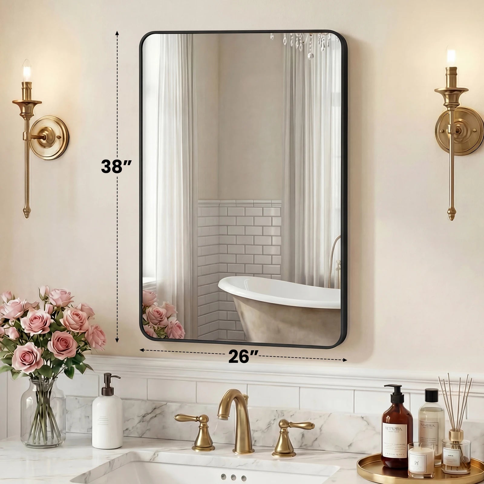 JHK Rounded Rectangle Wall Mirror with Metal Frame for Wall  Bathroom Mirror for Over Sink Modern Dressing Mirror Tempered Glass Bedroom Living Room Horizontal or Vertical