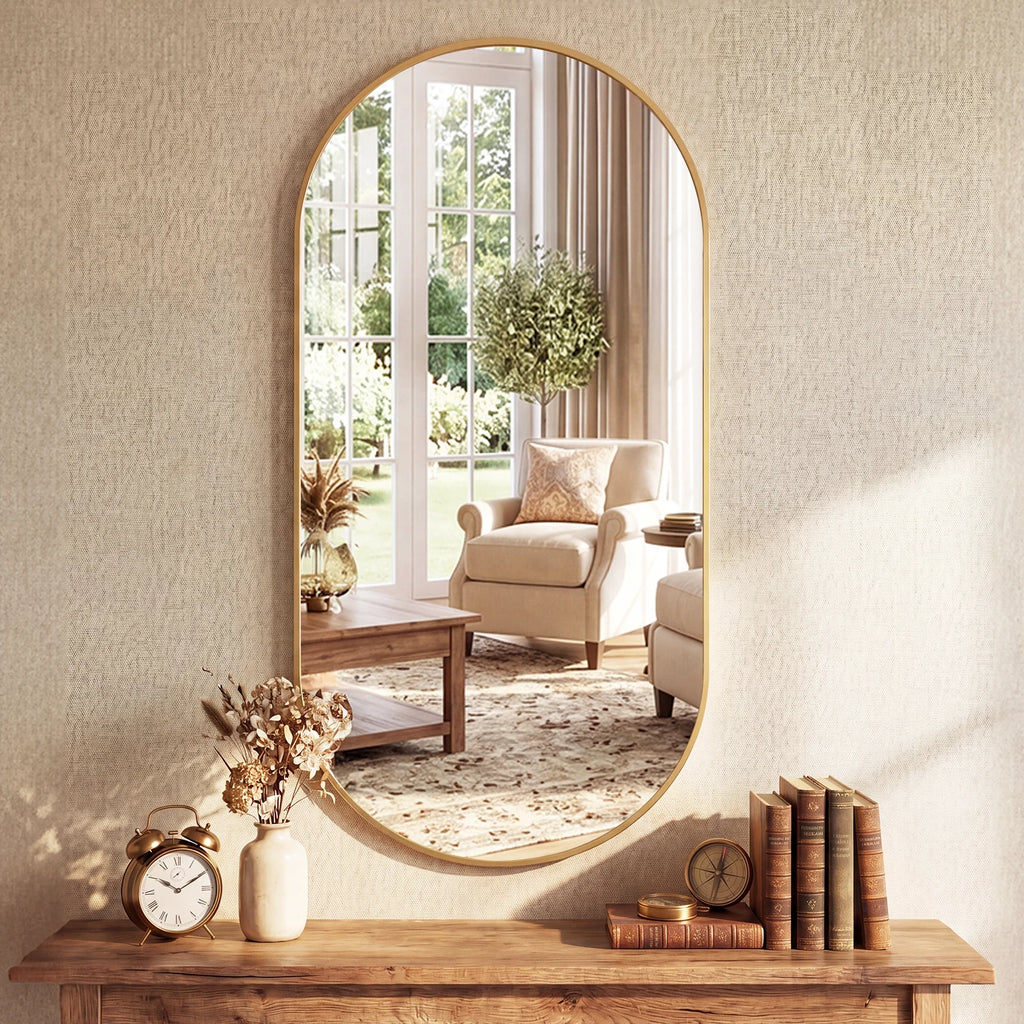 JHK Oval Wall Mirror with Metal Frame for Wall  Modern Dressing Mirror Tempered Glass Bedroom Living Room Horizontal or Vertical