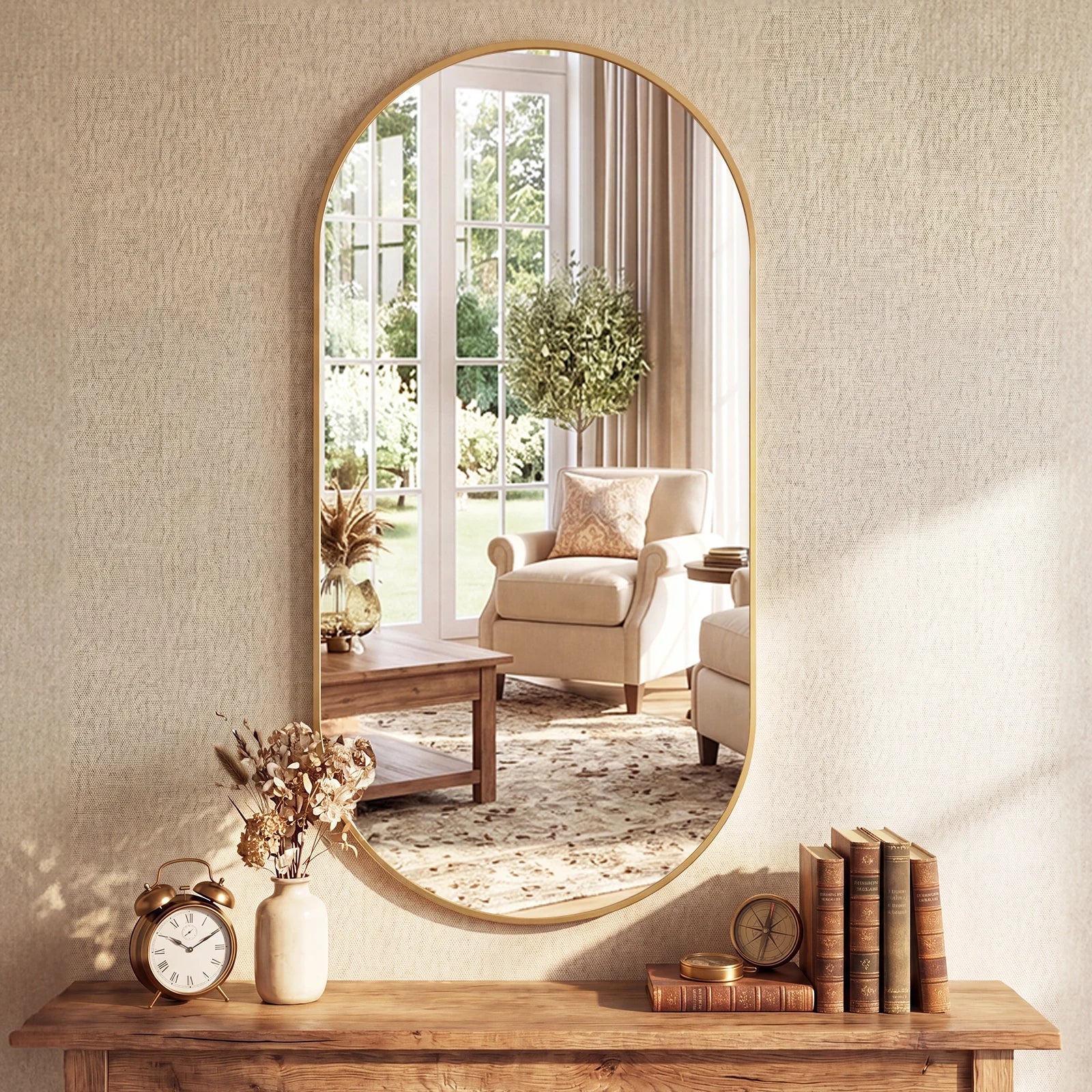 JHK Oval Wall Mirror with Metal Frame for Wall  Modern Dressing Mirror Tempered Glass Bedroom Living Room Horizontal or Vertical