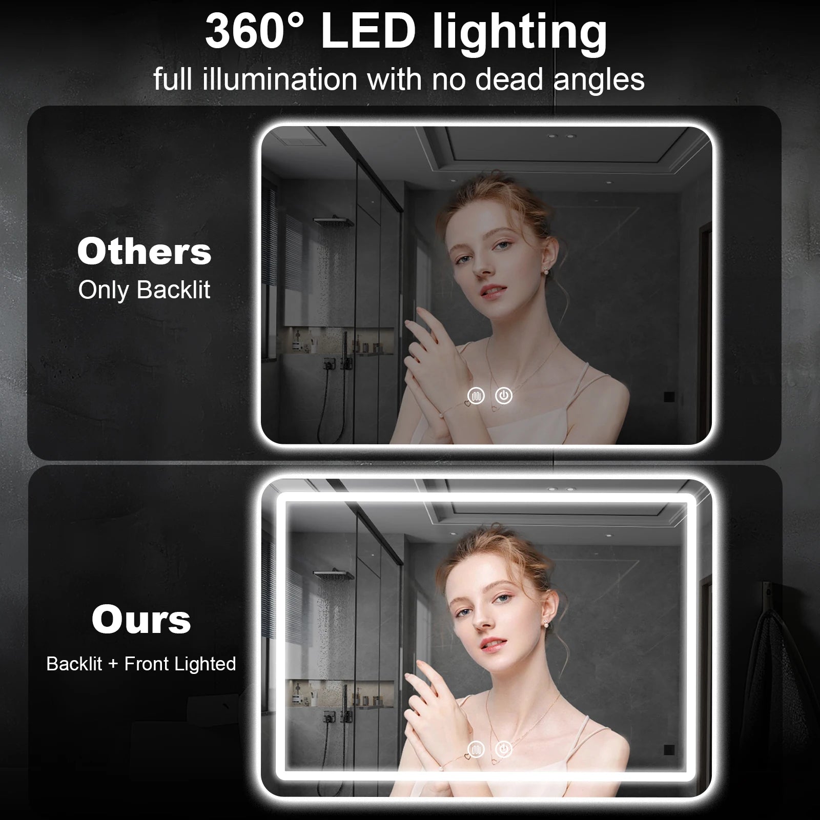 LED Bathroom Mirror Wall Mounted Fogless Makeup Mirror with Lights Stepless Dimmable 3 Colors Lighted Bathroom Mirrors for Wall Rectangle Bathroom Vanity Mirror