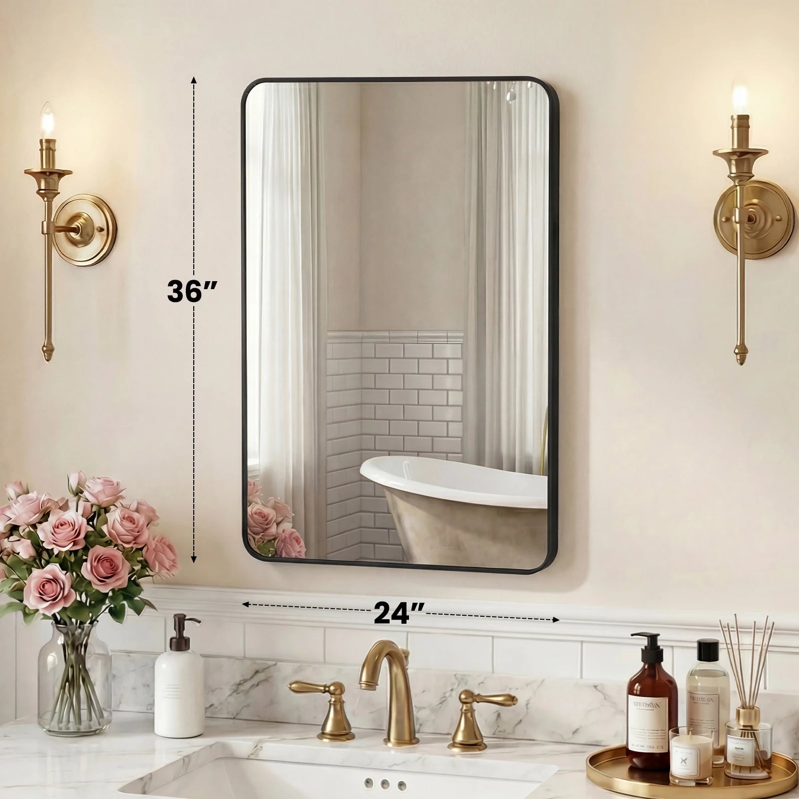 JHK Rounded Rectangle Wall Mirror with Metal Frame for Wall  Bathroom Mirror for Over Sink Modern Dressing Mirror Tempered Glass Bedroom Living Room Horizontal or Vertical