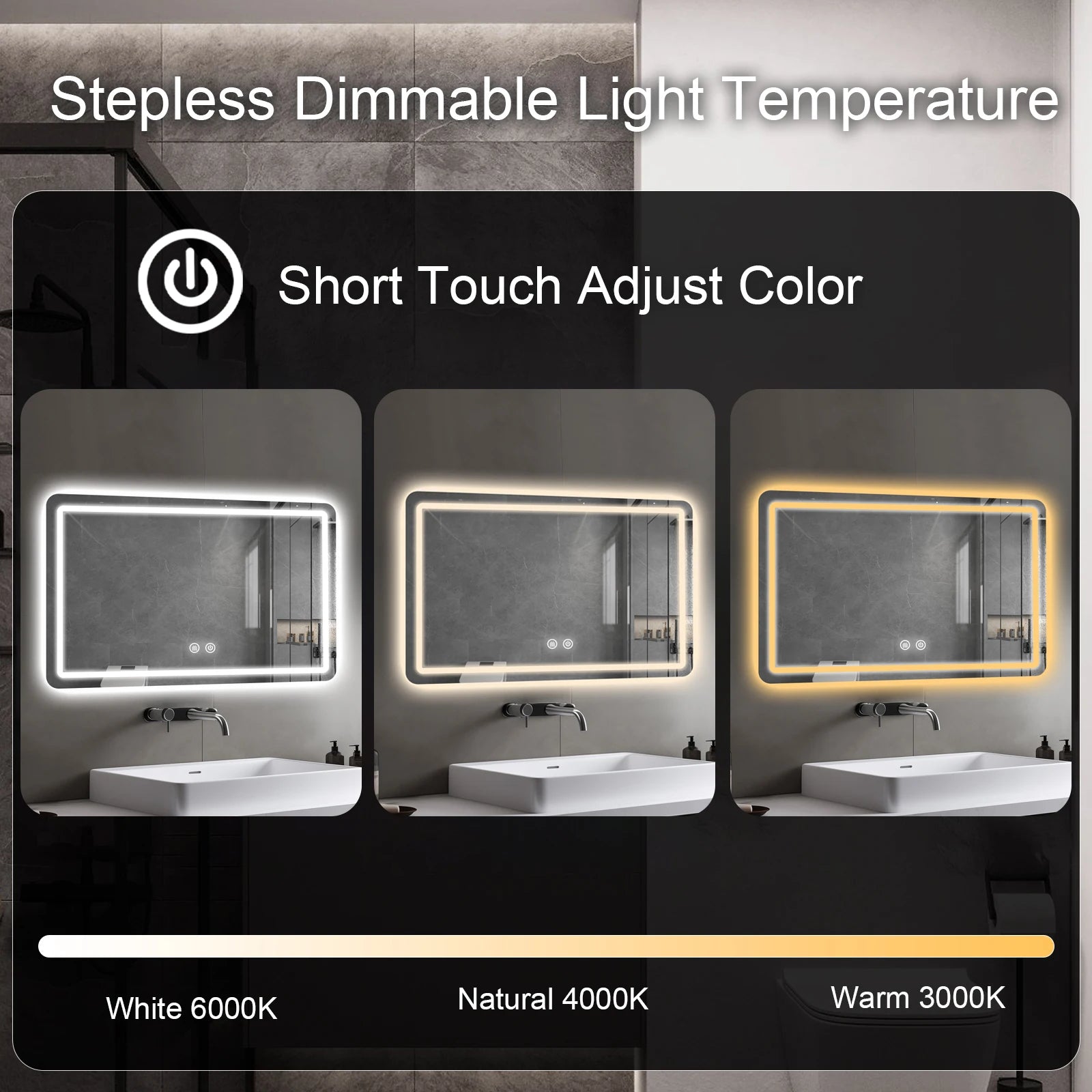 LED Bathroom Mirror Wall Mounted Fogless Makeup Mirror with Lights Stepless Dimmable 3 Colors Lighted Bathroom Mirrors for Wall Rectangle Bathroom Vanity Mirror