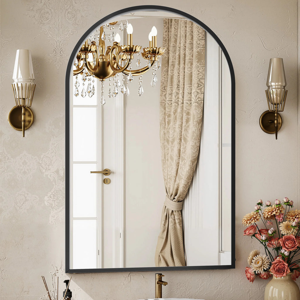 JHK 26"x38" Arched Metal Framed Mirror for Wall Matte Metal Framed Modern Dressing Mirror Tempered Glass Bedroom Living Room
