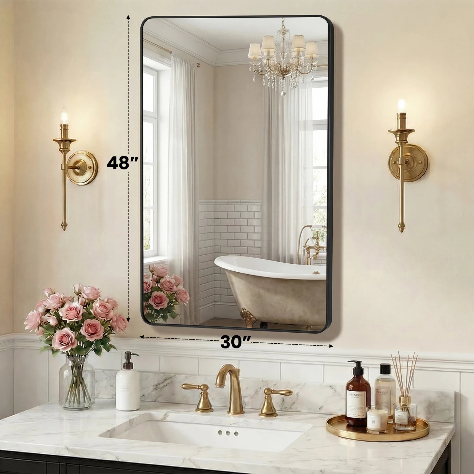 JHK Rounded Rectangle Wall Mirror with Metal Frame for Wall  Bathroom Mirror for Over Sink Modern Dressing Mirror Tempered Glass Bedroom Living Room Horizontal or Vertical