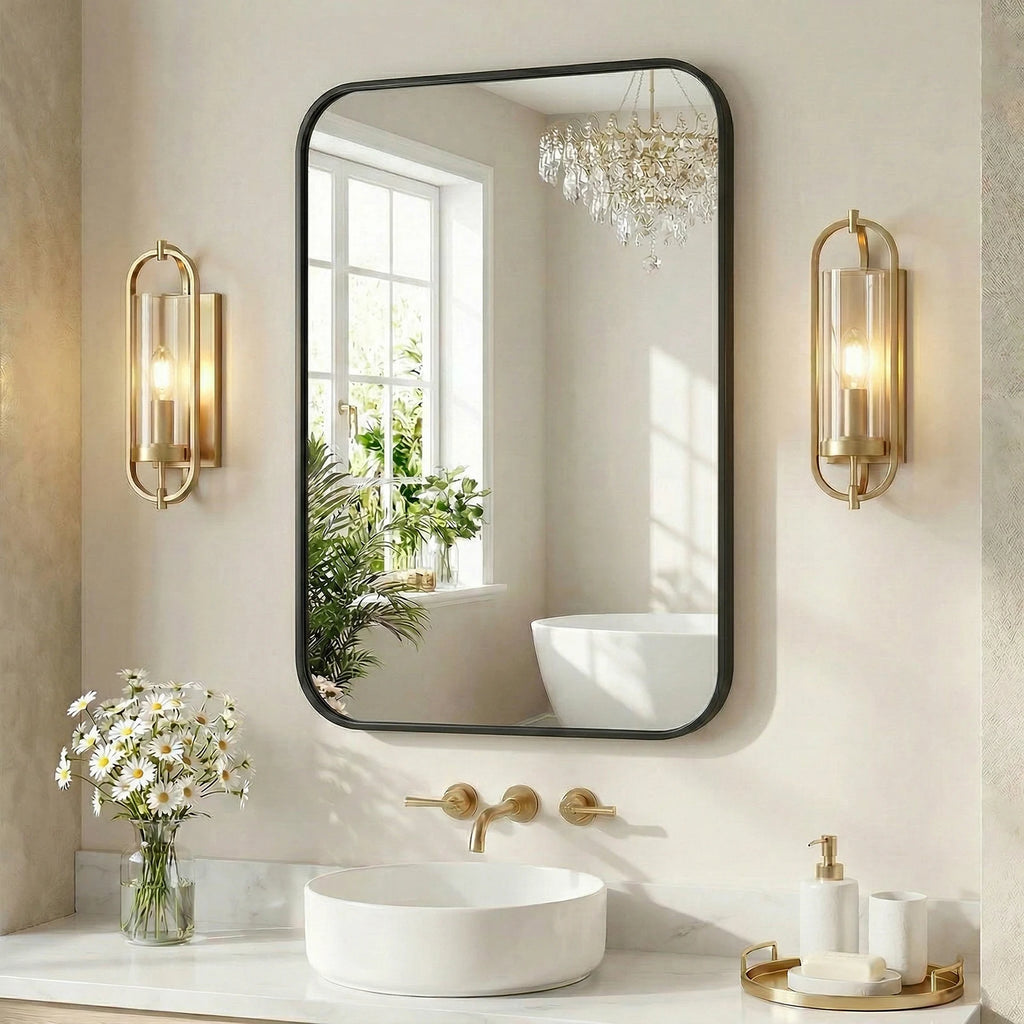 JHK Rounded Rectangle Wall Mirror with Metal Frame for Wall  Bathroom Mirror for Over Sink Modern Dressing Mirror Tempered Glass Bedroom Living Room Horizontal or Vertical