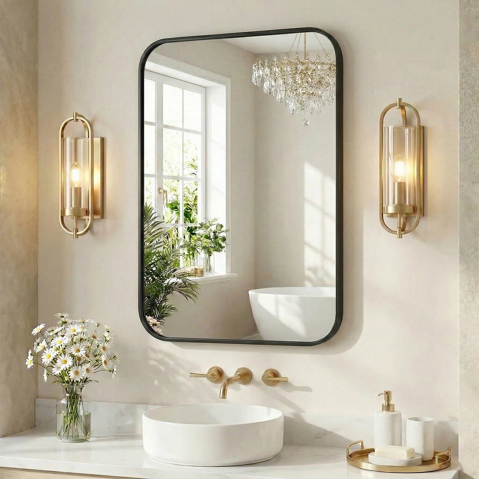 JHK Rounded Rectangle Wall Mirror with Metal Frame for Wall  Bathroom Mirror for Over Sink Modern Dressing Mirror Tempered Glass Bedroom Living Room Horizontal or Vertical