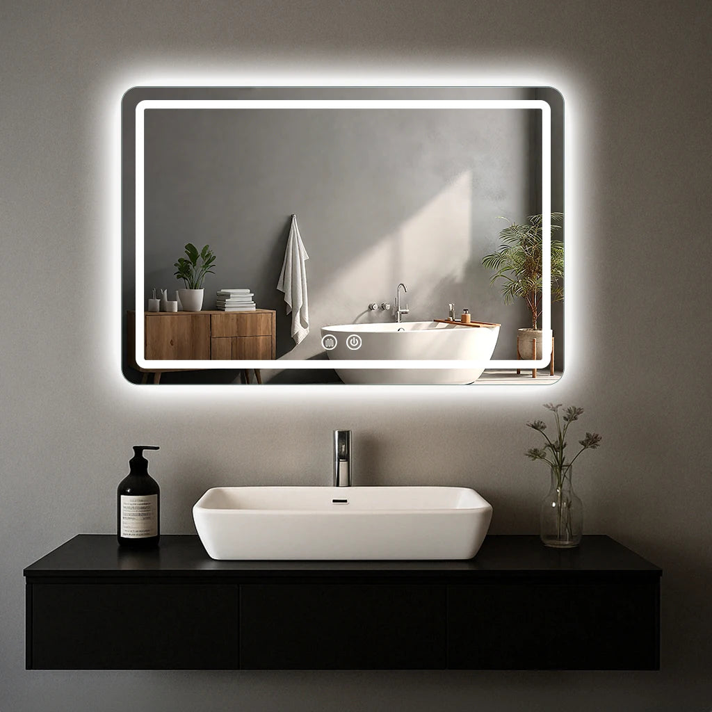 LED Bathroom Mirror Wall Mounted Fogless Makeup Mirror with Lights Stepless Dimmable 3 Colors Lighted Bathroom Mirrors for Wall Rectangle Bathroom Vanity Mirror