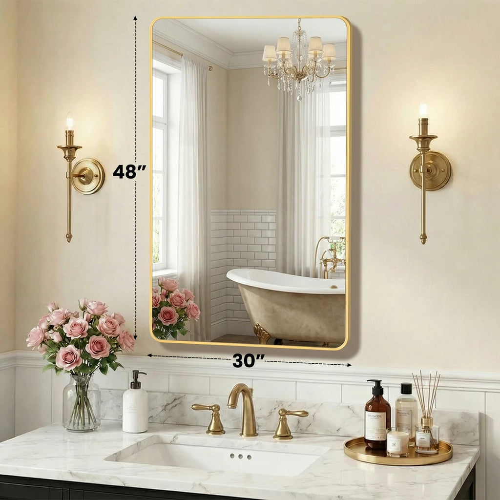 JHK Rounded Rectangle Wall Mirror with Metal Frame for Wall  Bathroom Mirror for Over Sink Modern Dressing Mirror Tempered Glass Bedroom Living Room Horizontal or Vertical