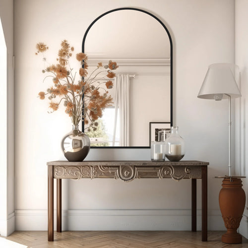 JHK 26"x38" Arched Metal Framed Mirror for Wall Matte Metal Framed Modern Dressing Mirror Tempered Glass Bedroom Living Room