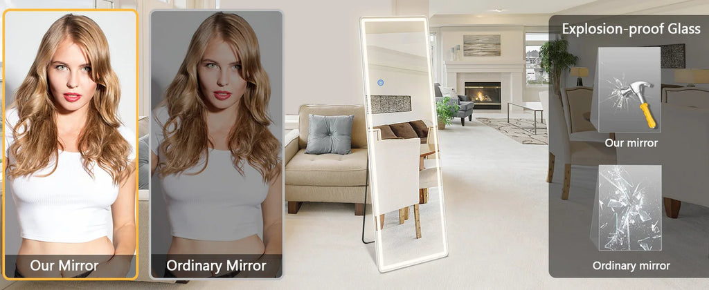 JHK Full Length Led Lights 64"x21" Mirror Standing Hanging or Wall-Mounted Mirrors with Stand Aluminum Alloy Frame For Home