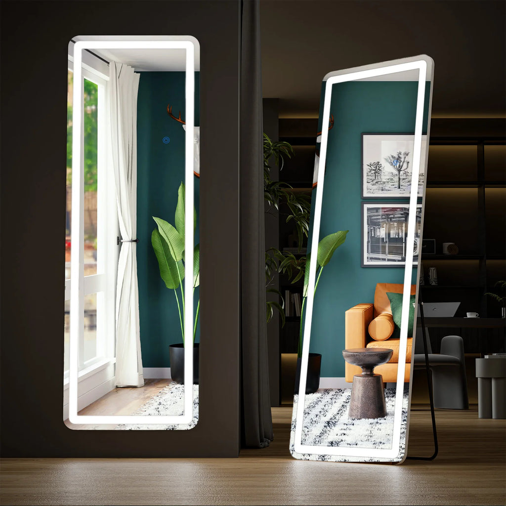 JHK Full Length Led Lights 64"x21" Mirror Standing Hanging or Wall-Mounted Mirrors with Stand Aluminum Alloy Frame For Home