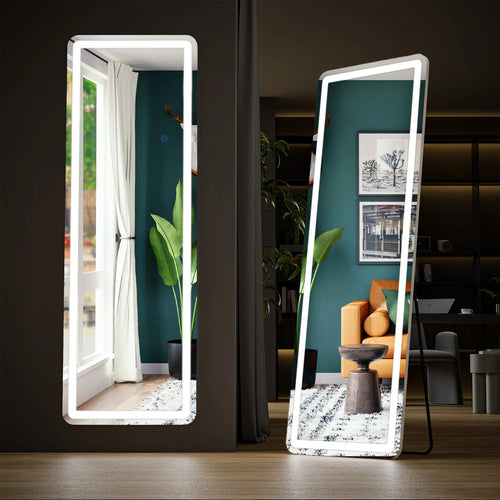 JHK Full Length Led Lights 64"x21" Mirror Standing Hanging or Wall-Mounted Mirrors with Stand Aluminum Alloy Frame For Home