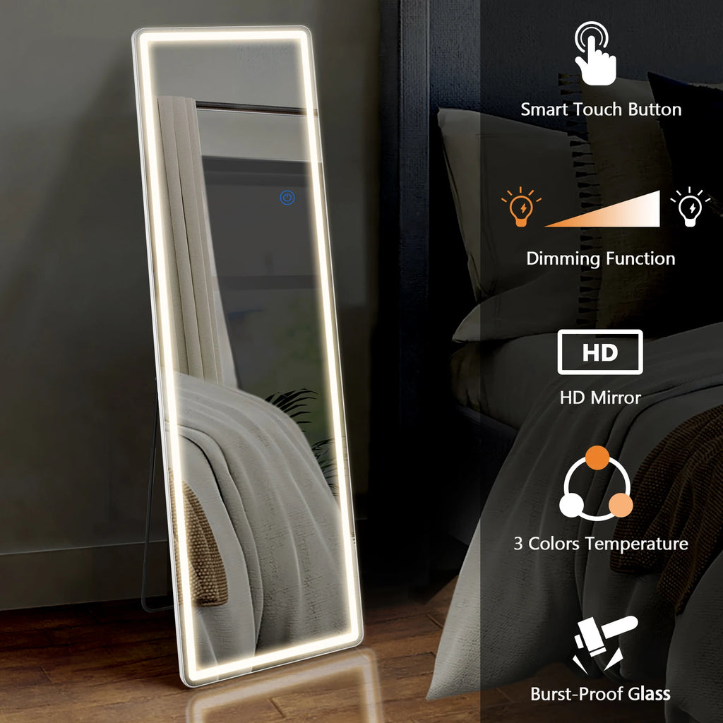 JHK Full Length Led Lights 64"x21" Mirror Standing Hanging or Wall-Mounted Mirrors with Stand Aluminum Alloy Frame For Home
